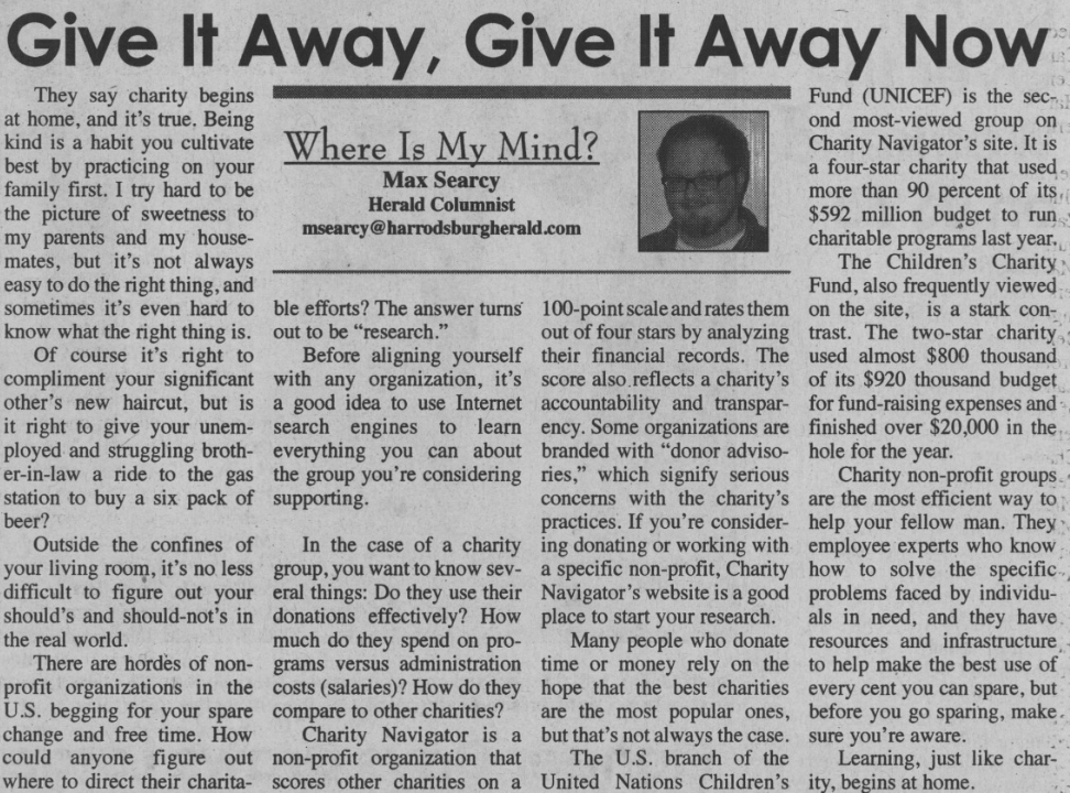 'Where Is My Mind?' column — charity